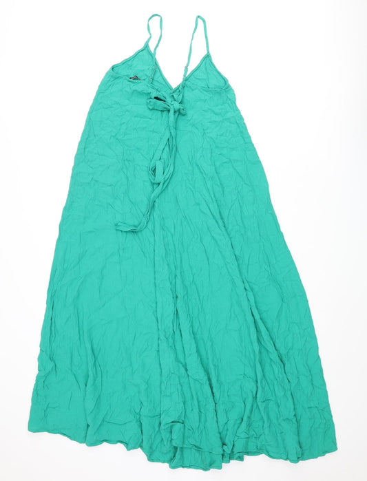 Zara Womens Green Viscose A-Line Size XS V-Neck Tie