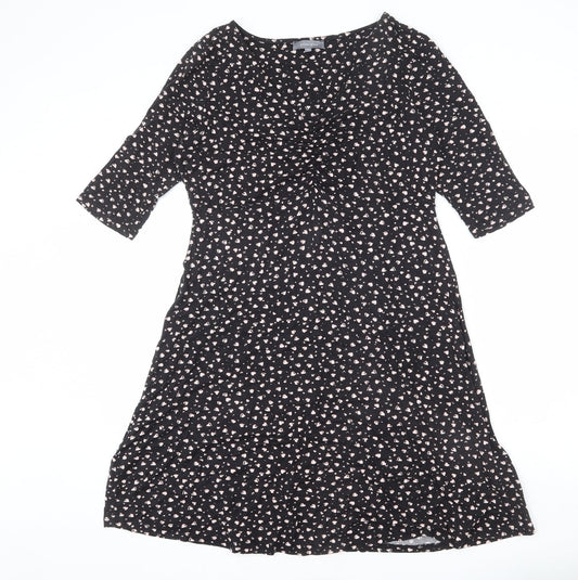 Additional front view of Principles women’s black geometric viscose a-line, size UK 14, v-neck pullover - heart print