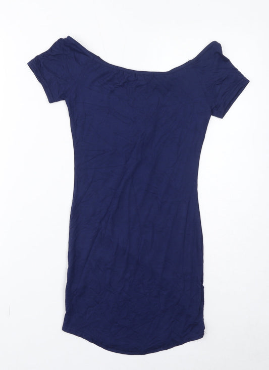 PRETTYLITTLETHING Womens Blue Viscose Bodycon Size 8 Off the Shoulder Pullover