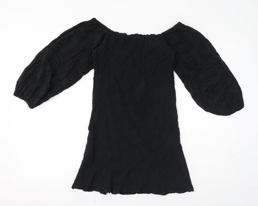 Boohoo Womens Black Cotton Mini Size 8 Off the Shoulder Pullover - Broderie Anglaise, Shirred