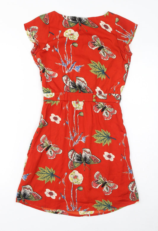 Mela London Womens Red Floral Polyester A-Line Size 8 Round Neck Zip - Butterflies