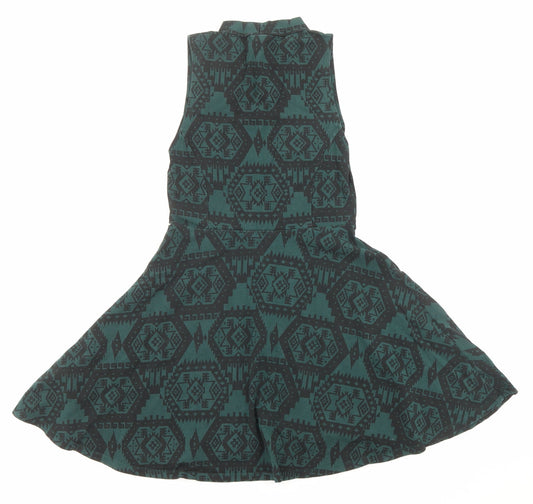 Topshop Womens Green Geometric Cotton Fit & Flare Size 10 Halter Pullover