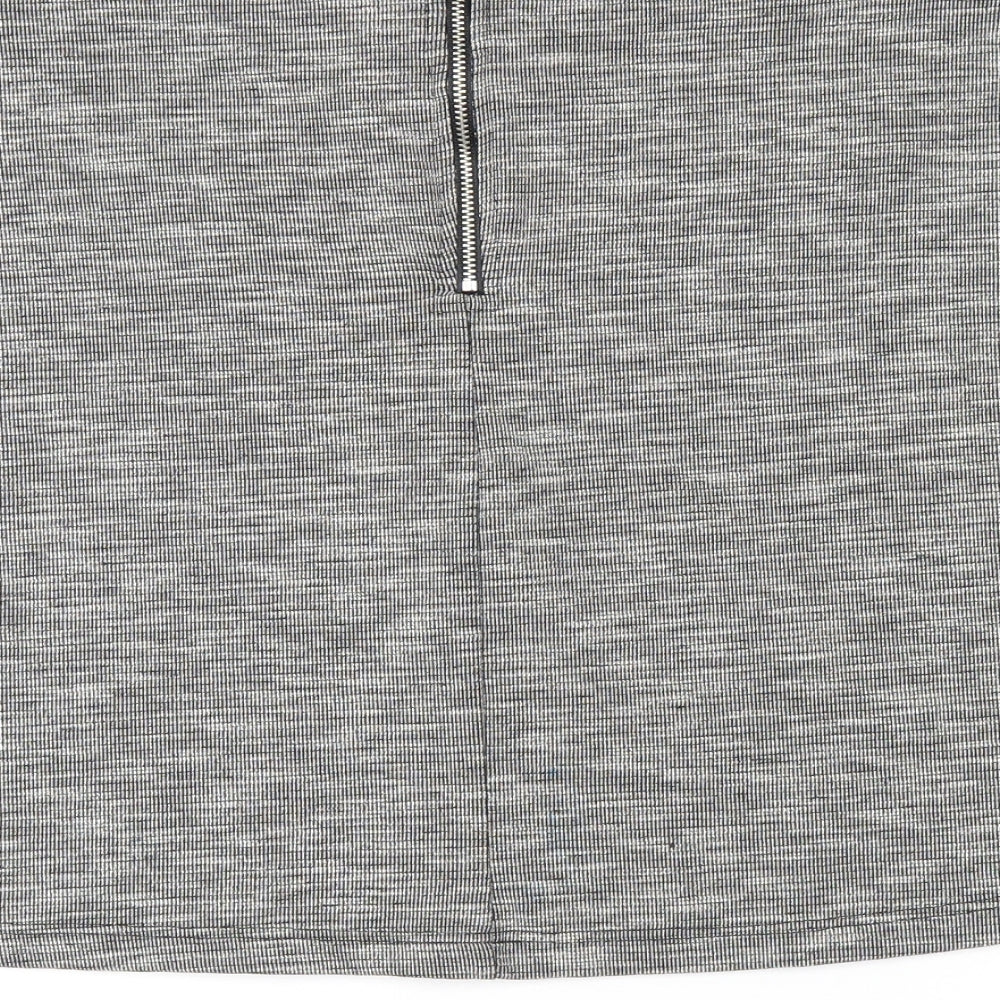 Brand and care label for Miss Selfridge women’s grey polyester a-line skirt, size UK 14, zip
