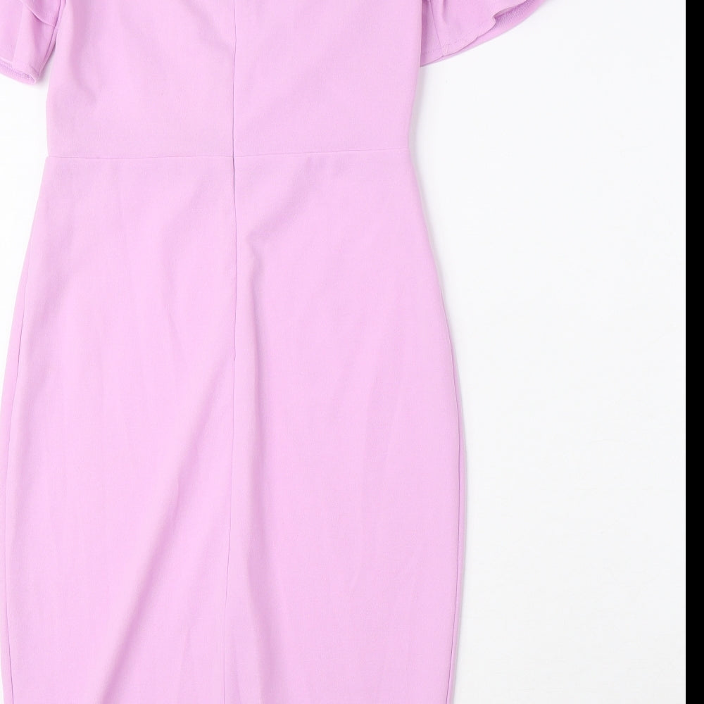 Quiz Womens Purple Polyester Pencil Dress Size 8 V-Neck Zip - Cold Shoulder, Ruffle Sleeves