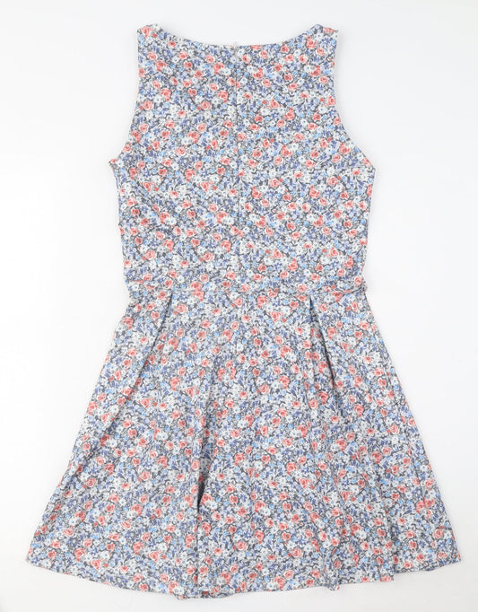 Pull&Bear Womens Blue Floral Polyester Fit & Flare Size L V-Neck Zip