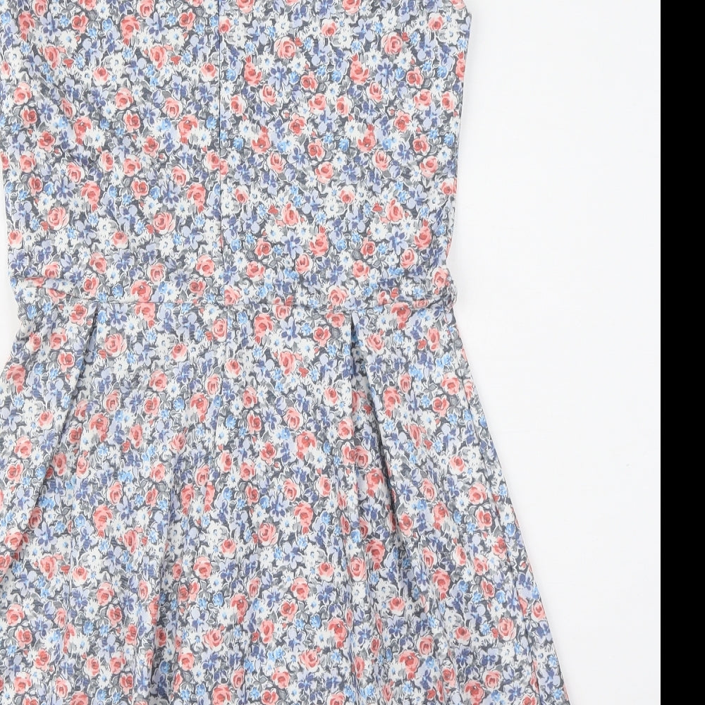 Pull&Bear Womens Blue Floral Polyester Fit & Flare Size L V-Neck Zip