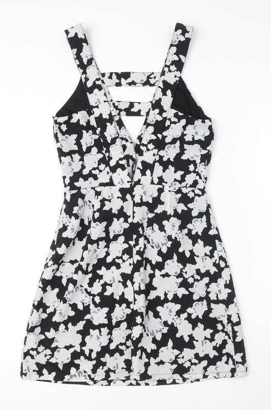 Missguided Womens Black Floral Polyester A-Line Size 8 V-Neck Zip - Cut Out Detail