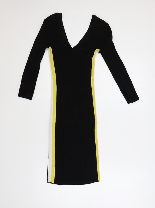 Miss Selfridge Womens Black Viscose Jumper Dress Size 6 V-Neck Pullover - Ribbed Side Stripe