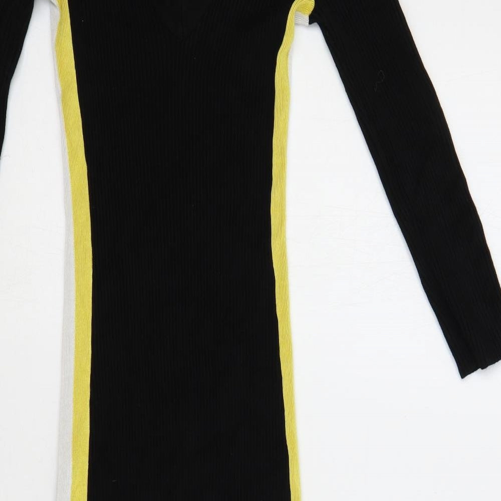 Miss Selfridge Womens Black Viscose Jumper Dress Size 6 V-Neck Pullover - Ribbed Side Stripe