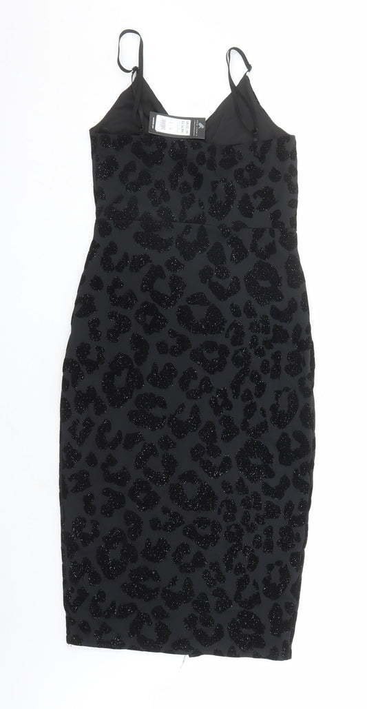 New Look Womens Black Animal Print Polyester Bodycon Size 8 V-Neck Pullover - Leopard Pattern