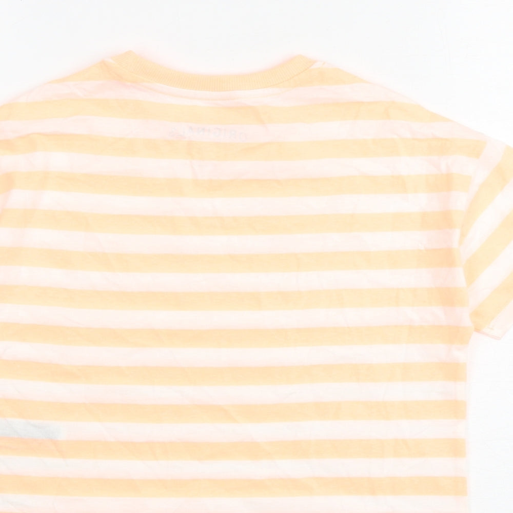 Marks and Spencer Girls Orange Striped Cotton Basic T-Shirt Size 7-8 Years Round Neck Pullover