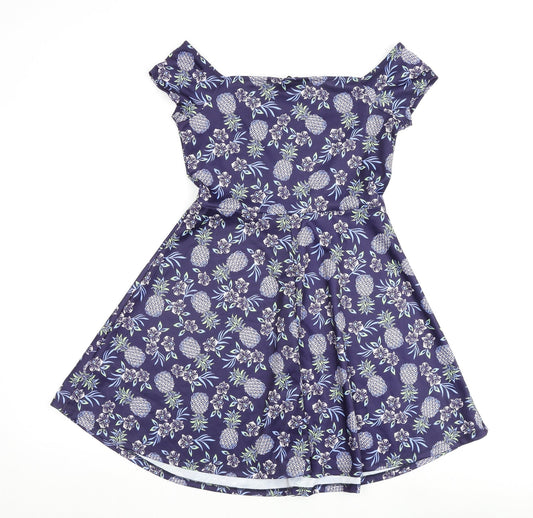 New Look Womens Purple Floral Polyester A-Line Size 10 Off the Shoulder Pullover