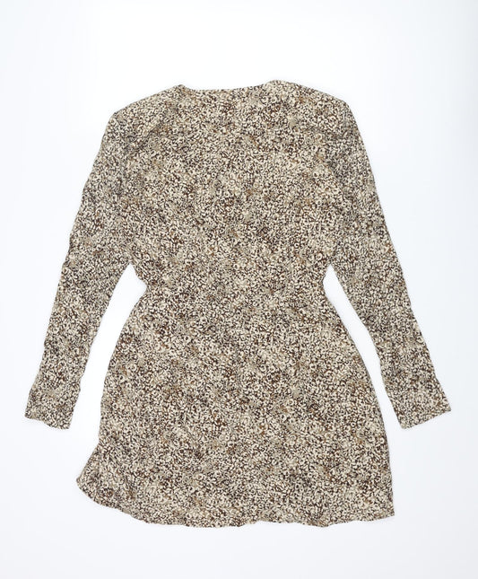 Zara Womens Beige Geometric Viscose Wrap Dress Size M V-Neck Button
