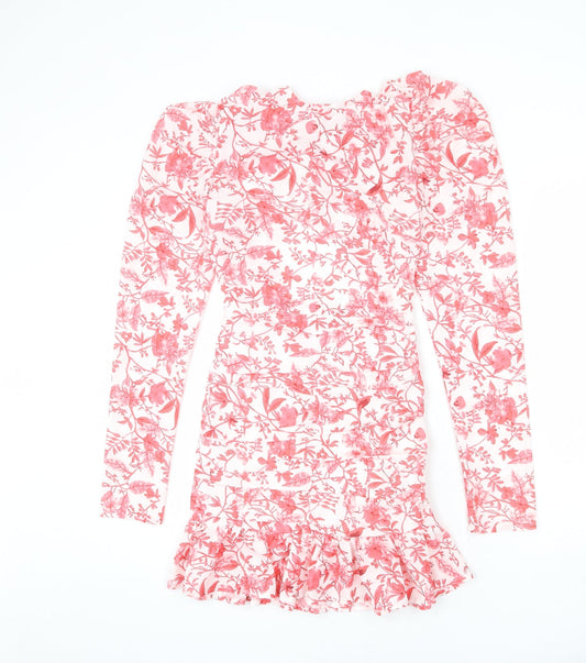 Additional front view of In the Style women’s white floral polyester bodycon, round neck zip - cut out detail, tie back