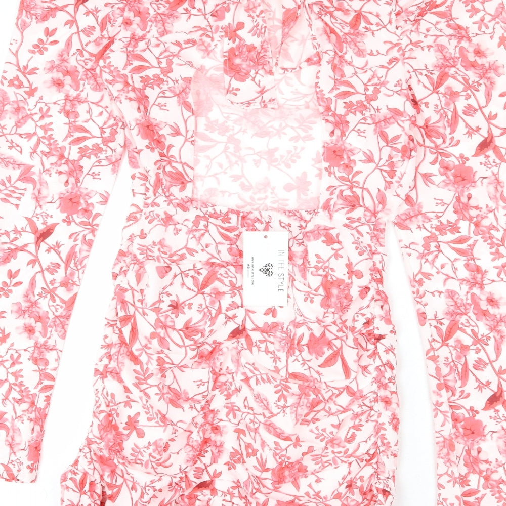 Brand and care label for In the Style women’s white floral polyester bodycon, round neck zip - cut out detail, tie back