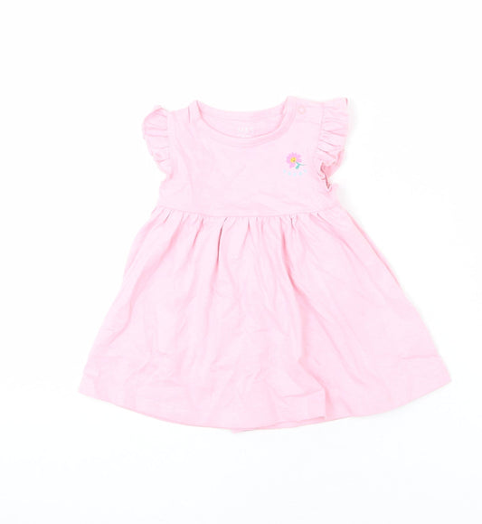 Marks and Spencer Girls Pink 100% Cotton A-Line Size 3-6 Months Round Neck Snap - Ruffle Detail, Happy, Flower