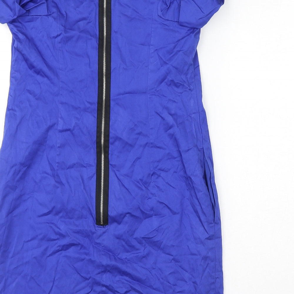 Oasis Womens Blue Cotton Shift Size 10 Round Neck Zip - Pockets