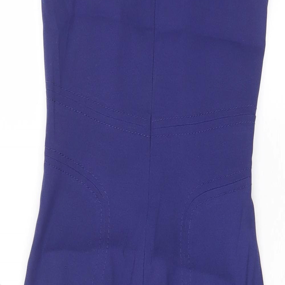 Brand and care label for French Connection women’s purple viscose pencil dress, size UK 8, scoop neck zip - pleated