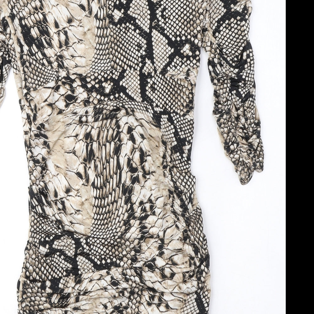 Rinascimento Womens Beige Animal Print Polyester Bodycon Size XL Boat Neck Pullover - Snake Print, Ruched, Cut out detail
