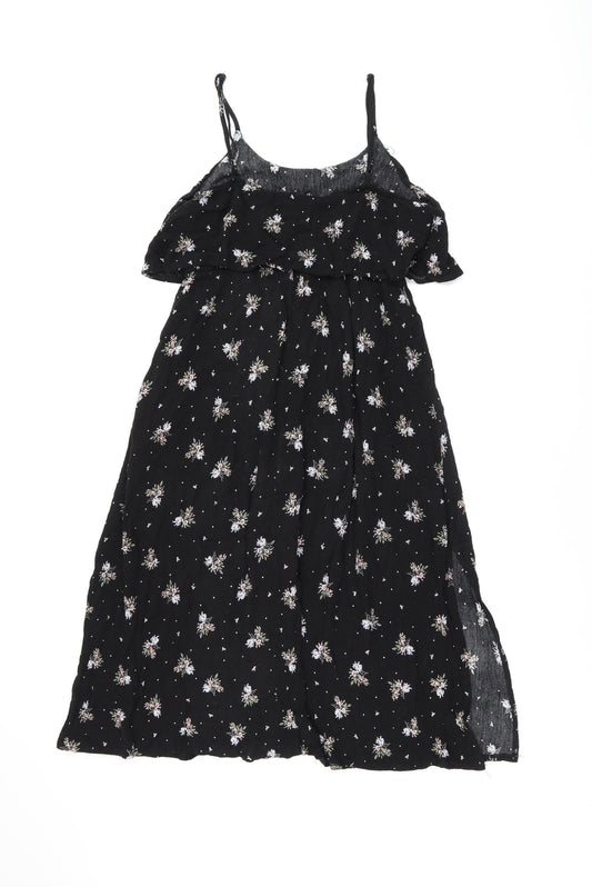 Dotti Womens Black Floral Viscose Shift Size 10 Round Neck Drawstring - Ruffle, Side Slit