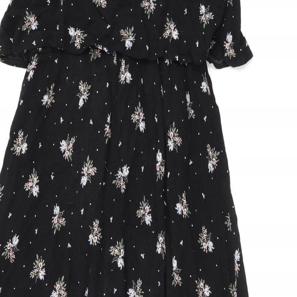 Dotti Womens Black Floral Viscose Shift Size 10 Round Neck Drawstring - Ruffle, Side Slit