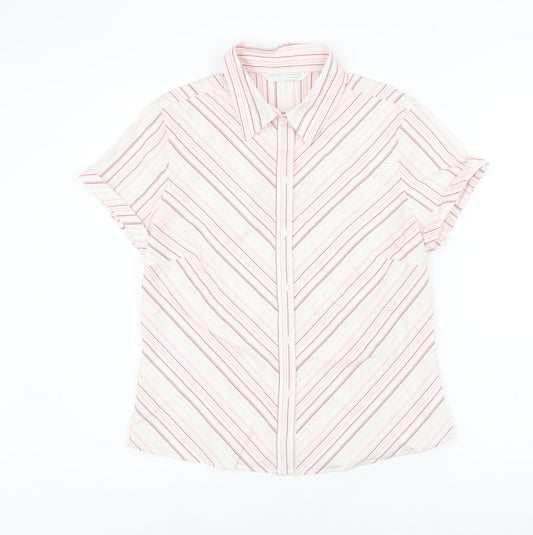 Additional front view of AMARANTO women’s pink striped cotton basic button-up, size UK 12, collared