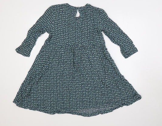 H&M Womens Green Geometric Viscose Trapeze & Swing Size 10 Round Neck Button