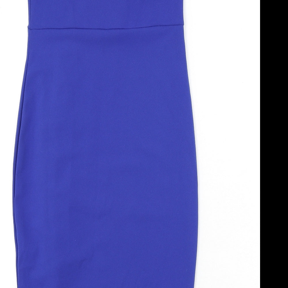 Girls On Film Womens Blue Polyester Bodycon Size 10 Off the Shoulder Pullover - Ruffle Detail, Slit