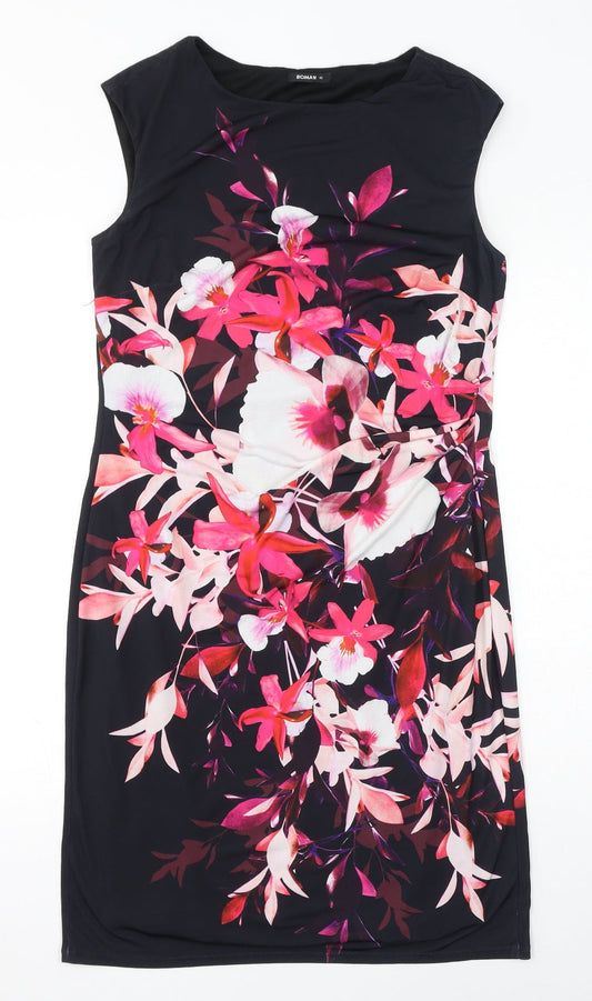 Additional front view of Roman women’s black polyester sheath, size UK 12, boat neck pullover - flower graphic print