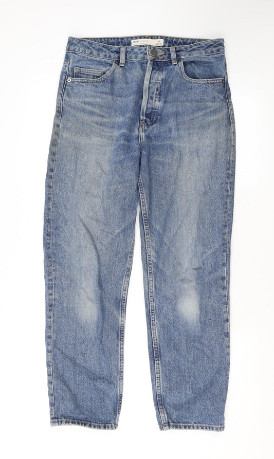 Additional front view of ASOS women’s blue cotton boyfriend jeans, size UK 28, 32-inch leg regular button