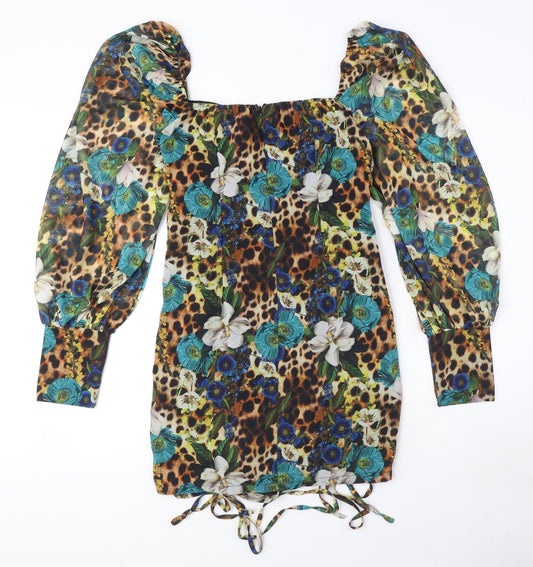 PRETTYLITTLETHING Womens Multicoloured Animal Print Polyester Mini Size 10 Square Neck Zip - Floral, Rushed detail