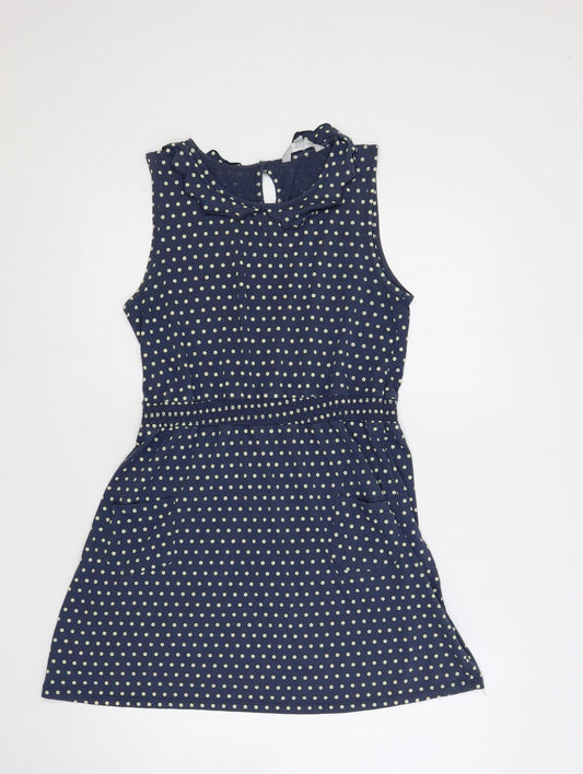 Additional front view of Red Herring women’s blue polka dot cotton a-line, size UK 12, boat neck button - ruffle