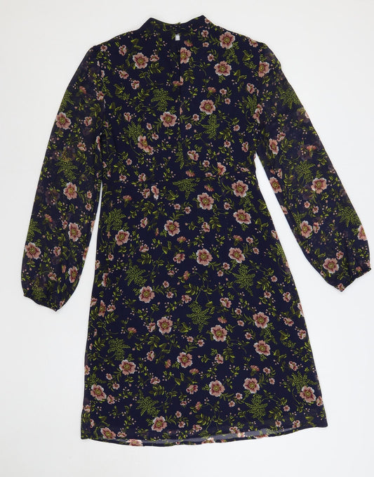 Marks and Spencer Womens Blue Floral Polyester A-Line Size 8 Mock Neck Button