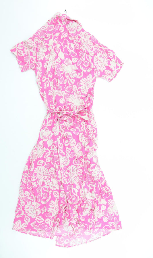 Marks and Spencer Womens Pink Floral Viscose Wrap Dress Size 6 Collared Tie
