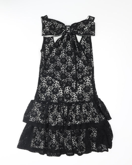 Miss Selfridge Womens Black Polyester Fit & Flare Size 6 Scoop Neck Pullover - Bow Frill