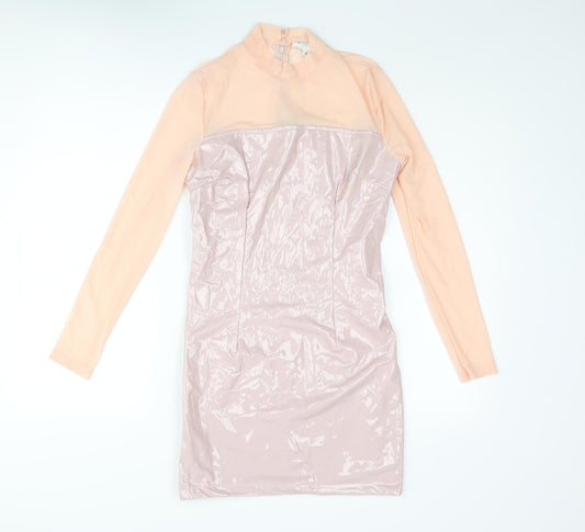 Additional front view of In the Style women’s pink polyurethane mini, size UK 8, mock neck zip