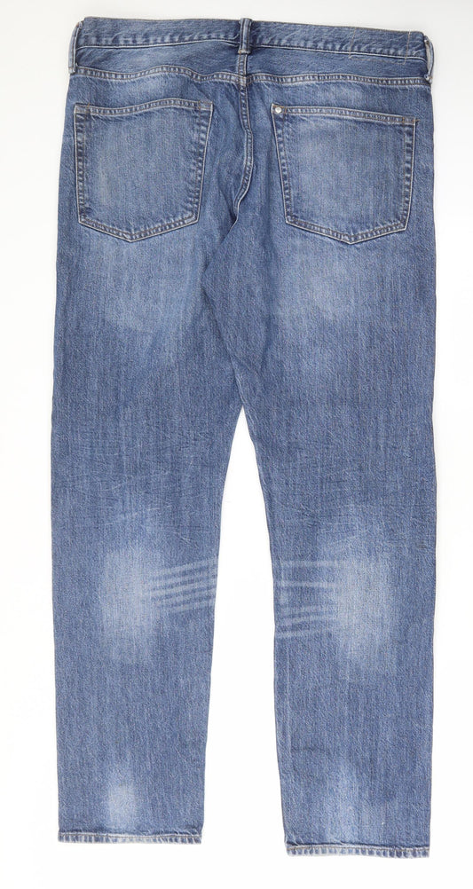 H&M Mens Blue Cotton Straight Jeans Size 36 in L32 in Slim Button - Pockets, Belt Loops