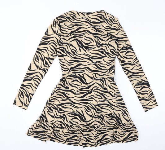 Divided by H&M Womens Brown Animal Print Polyester A-Line Size XS V-Neck Tie