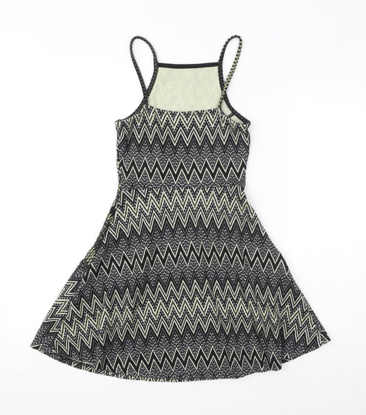 Topshop Womens Black Geometric Polyester Fit & Flare Size 4 Square Neck Pullover - Zigzag