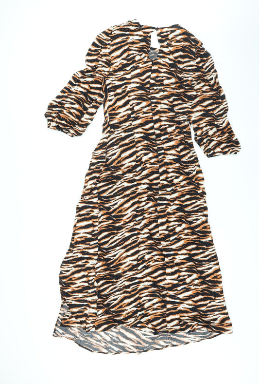 Marks and Spencer Womens Black Animal Print Viscose Maxi Size 6 Round Neck Zip - Tiger Print, Side Slit
