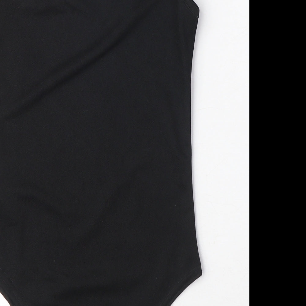 Brand and care label for I SAW IT FIRST women’s black polyester bodysuit one-piece, size UK 8, snap
