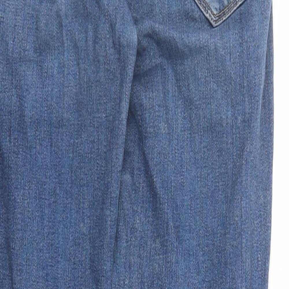 Brand and care label for Miss Selfridge women’s blue cotton skinny jeans, size UK 10, 27-inch leg regular zip