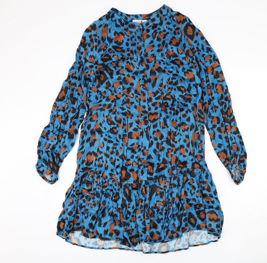 Additional front view of Gallery women’s blue animal print viscose a-line, size M, round neck button - leopard print