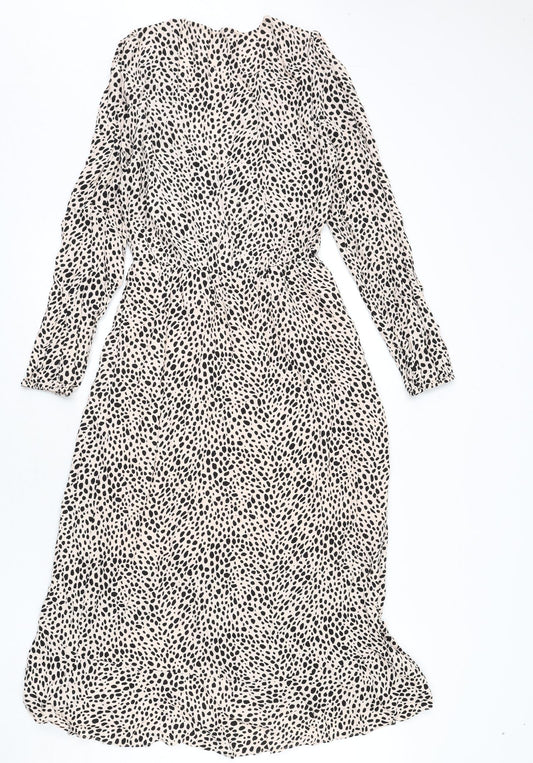 Oasis Womens Beige Geometric Viscose Shift Size 6 V-Neck Pullover - Ruffles, Slit