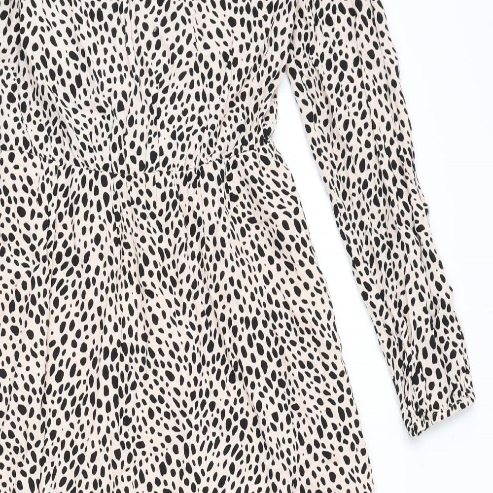 Oasis Womens Beige Geometric Viscose Shift Size 6 V-Neck Pullover - Ruffles, Slit