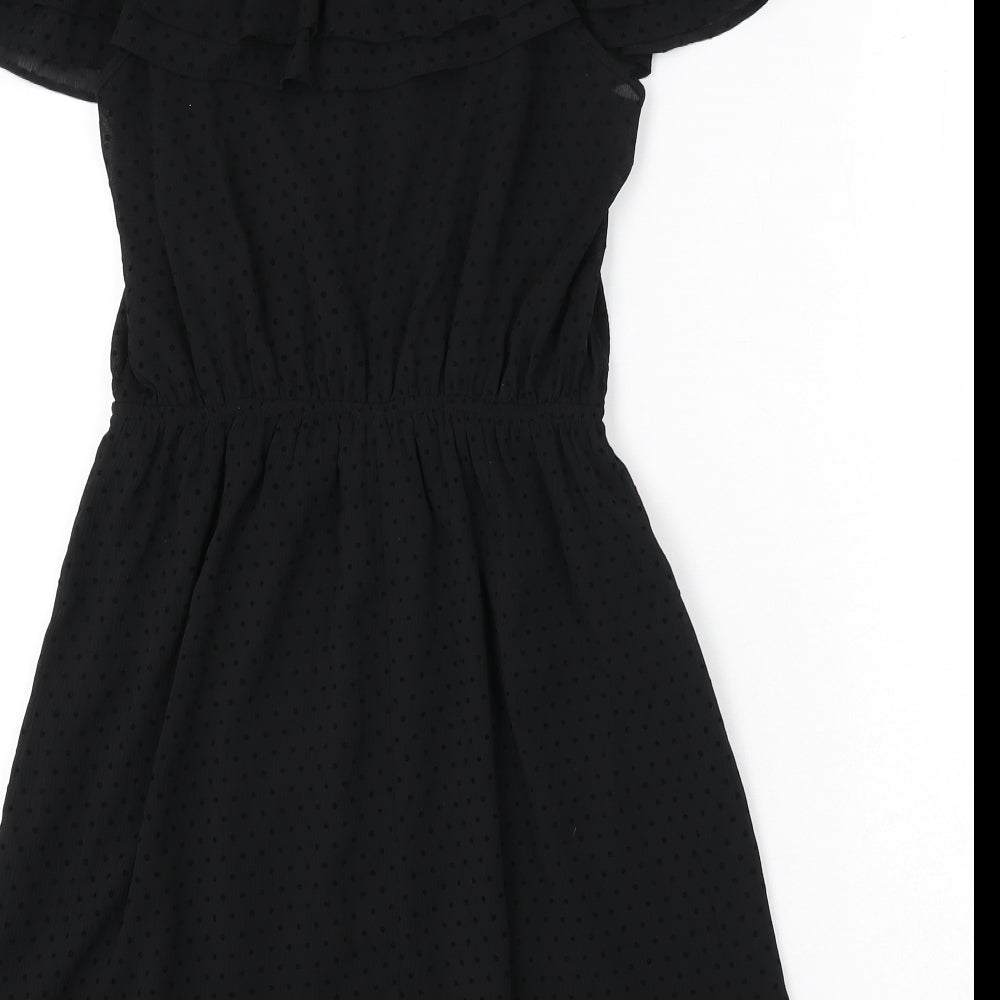 H&M Womens Black Polka Dot Polyester A-Line Size 10 Square Neck Pullover - Ruffle Detail