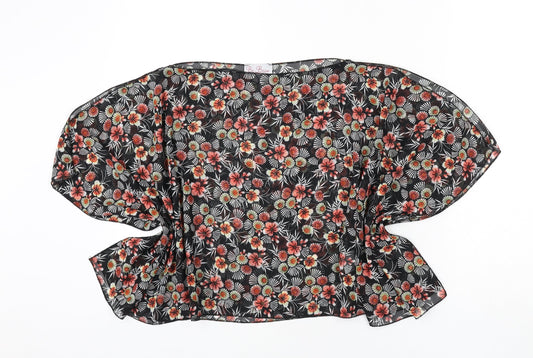 Be Beau Womens Black Floral Polyester Cropped Blouse Size S Boat Neck