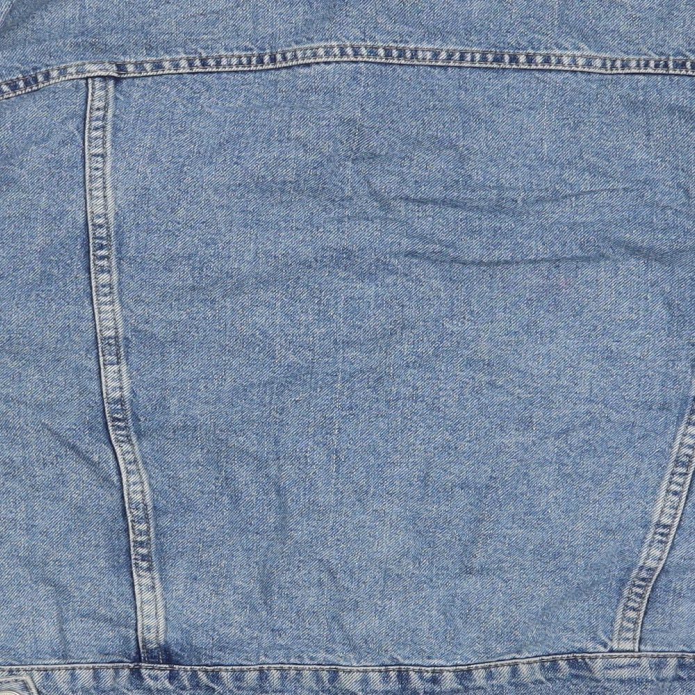Brand and care label for BDG women’s blue jacket, size S, button - pockets