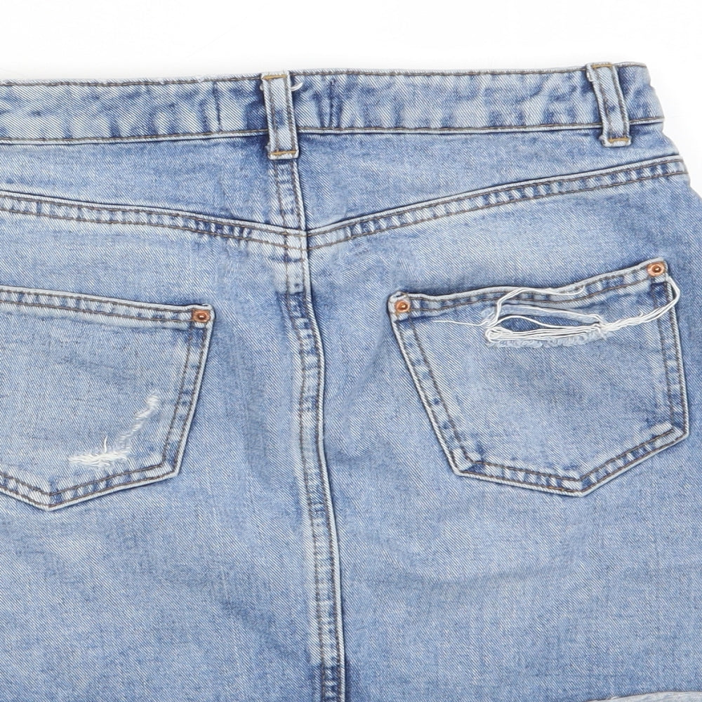 Miss Selfridge Womens Blue Cotton A-Line Skirt Size 8 Zip - Distressed, Pockets, Belt Loops