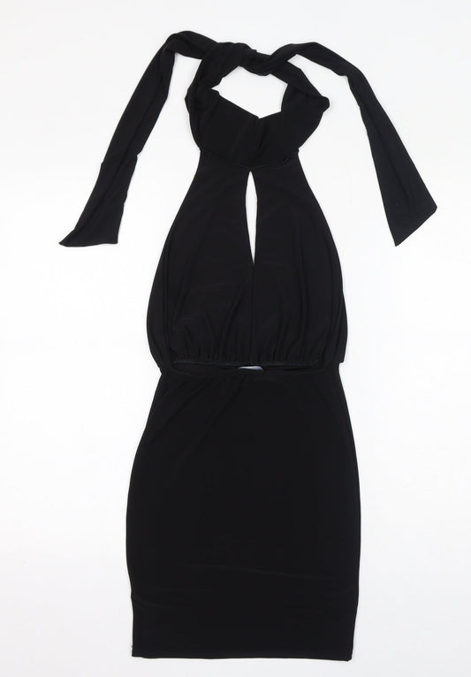 PRETTYLITTLETHING Womens Black Polyester Bodycon Size 6 Halter Tie - Keyhole Neck, Open Back